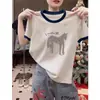 Patchwork de Cores Contrastantes, Ombro Reto, Gola Redonda, Camiseta de Manga Curta 100% Algodão, Top Estampado da Moda e Versátil Estilo Coreano para Mulheres, para Usar no Verão