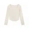 Camiseta de Polar para Hombro Otoño e Invierno Cuello Redondo Forrada de Polar para Mujer Top Corto Ropa Interior Cálida para Mujer de Manga Larga Ajustada Adelgazante Camisa Base