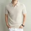 Camisa de punto de manga corta para hombre con cuello de gaviota, camiseta de algodón-lino Tencel con cuello vuelto, camisa POLO estilo old money, fresca para el verano