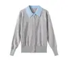 Cárdigan de Punto con Cuello Polo Francés para Mujer, Manga Larga, Solapa, Bloqueo de Color, Prenda Base 2025 Nueva Elegante Ropa Interior
