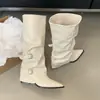 Botas de mujer de punta fina, plisadas, con tacón grueso, diseño único, hebilla de cinturón, caña alta, hasta la rodilla, sexys y largas