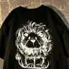 Camiseta de seda de leite com estampa de leão estilo americano, manga curta, para homens e mulheres, moda de rua de verão, top largo e solto