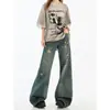 Jeans Flare Rasgado Vintage para Mulheres, Novo Verão 2026 Cintura Alta Caimento Solto, Calça Wide-Leg Boca de Sino Comprimento Total