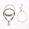 Comercio Electrónico Transfronterizo Europeo y Americano Joyería de Pie de Moda Cadena Tejida a Mano con Lentejuelas de Concha Set de 3 Piezas Tobillera Joyería de Pie para Mujeres Venta al por Mayor