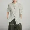 Shanyu Muma Nova Coleção Primavera 2025: Camisa Feminina de Algodão Pima Verde com Linho Francês, Acabamento Encolhido em Sal e Gola Alta Listrada