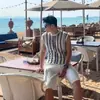 Comercio Exterior Transfronterizo Verano Hombres Europeos y Americanos Ropa de Punto Chaleco Rayado Calado Camiseta de Punto Una Pieza Envío Directo