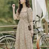 Novo Vestido Longo Floral Feminino de Verão Chiffon Estilo Floresta Retrô Francês Super Fada Gola Quadrada Manga Bufante