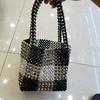 Bolso Cuadrado Tejido con Cuentas a Cuadros Blanco y Negro Versátil para Hombro Bolso de Acrílico a Cuadros