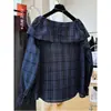 Impresionante conjunto vintage a cuadros estilo coreano con camisa de manga larga y cuello con volantes fuera del hombro para mujer, top de principios de otoño