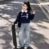 Conjunto de Top Polo Doce com Renda e Calça Jeans com Laço Estilo Coreano para Meninas - Primavera e Outono 2026