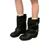 Bota biker de salto grosso com fivela de cinto da moda e cano largo para mulheres, novo estilo 2026, botinhas femininas de couro com tachas