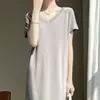 Vestido de punto para mujer, color liso, cuello en V delantero y trasero, estilo casual suelto para el trabajo, seda helada, con cuentas, delgado, por encima de la rodilla