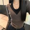 Outono Novo Estilo Coreano Gola Halter Ombro a Ombro Patchwork Falso Duas Peças Manga Longa Tricô Top para Mulheres, Pulôver Ajustado