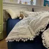 2026 Nuevo Conjunto de Ropa de Cama Cómodo de Tela Arrugada con Adorno de Encaje Estampado con Funda Nórdica, Sábana Plana y Sábana Ajustable - Juego de Cuatro Piezas