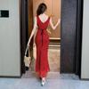 Foto Real de Vestido Rojo de Verano 2026 con Cuello en V y Tirantes Finos para Mujer, Ajustado a la Cintura, Bodycon, para Vacaciones, Estilo Largo