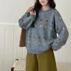 26 Suéter Pulóver Redondo Jacquard Fresco Estilo Coreano Otoño Invierno Holgado Suave Dulce Tejido de Punto Floral Top para Mujer