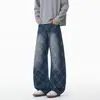 Pantalones Largos de Mezclilla a Cuadros Tendencia Streetwear Diseño de Proceso de Lavado Blanco Deslavado Pantalones de Pierna Ancha Sueltos Oversize Unisex