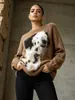Suéter feminino moderno e versátil, novo estilo outono 2026, com design de cachorro em patchwork, tricô de manga longa espesso, moda feminina tendência