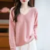 Nuevo suéter de otoño e invierno, cuello en V, tejido liso, manga larga, corte holgado y adelgazante, perfecto para usar en capas, en colores lisos, moda femenina