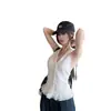Top blanco sin mangas con cuello halter para mujer, perfecto para el verano, estilo francés, camisola deslumbrante, blusa corta de encaje con ballenas y escote en V