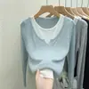 Foto real blusa de malha fina canelada com blocos de cor emendados, estilo duas peças, feminina, nova chegada outono 2026, blusa base
