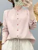 Camisa de Gaze de Algodão Dupla Camada para Mulheres, Manga Longa, Retrô, Artística, Macia, Amiga da Pele, Respirável, Algodão Puro, Top Base Chique