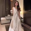 Vestido Chaleco Blanco Francés sin Mangas para Mujer Verano 2025 Nuevo Vestido Blanco Puro Primer Amor Falda Larga Ajustada