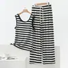 Novo Conjunto de Pijama Duas Peças com Colete Listrado de Modal e Calça para Mulheres, Conjunto Casual de Verão Fino Sem Mangas Plus Size