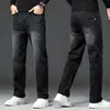 Jeans Masculino Outono e Inverno Forrado com Lã Calças Retas Largas Elásticas Business Casual Calças Versáteis Primavera e Outono