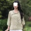Elegante y estiloso top único de algodón y lino estilo chino para mujer, fino atuendo de té Zen de verano, camisa de botones bordada vintage, moderno