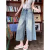 Pantalones vaqueros cropped rectos desgastados estilo retro americano para mujer, nuevo estilo de verano, de cintura alta, holgados, talla grande, pierna ancha, jeans de longitud 8/10
