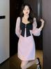 Vestido Elegante de Manga Larga Estilo Chanel para Eventos Sociales de Primavera con Lazo Ajustado a la Cadera