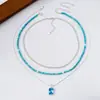 Brincos Pingente Versáteis em Camadas de Três Camadas com Contas Turquesa e Zircônia Cúbica Azul, Conjunto de Colar de Moda de Luxo Leve de Alta Qualidade para Mulheres