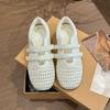 Zapatos Blancos de Malla de Cuero Genuino para Mujer Primavera 2025 Nuevos Punta Redonda Zapatillas Transpirables Suela Gruesa Zapatos Casuales Deportivos de Entrenamiento