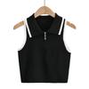 2024 Nova Camiseta de Tricô Color Block com Gola Boneca, Meio Zíper, Manga Curta, Feminina, Justa, Elástica, Cintura Alta, Top Curto, Tendência