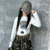 Calça Camuflada Forrada com Fleece para Meninas Outono e Inverno Camiseta Manga Longa Camada Base Calça de Pernas Largas Cintura Alta Calça Reta Estilo Militar Conjunto de Calças Cargo