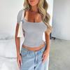 Di Yun Transfronterizo Primavera/Verano 2026 Amazon Europeo y Americano Y2K Color Sólido Cuello en U Sexy Ajustado Crop Top Manga Corta Camiseta para Mujer