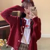 U77 Cardigan Suéter Curto Vermelho Botão Coração Doce, Estilo Coreano Malha Canelada Solta Emagrecedora
