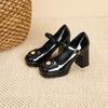 3359-16 Sapatos Mary Jane para Mulheres, Estilo Britânico Retrô Preppy Fivela Pequena de Flor Salto Alto, Fivela de Uma Linha Salto Grosso Bico Quadrado
