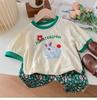 Traje de verano para niñas Bebé Estilo occidental Infantil Personalizado Moderno Coreano Bloque de color Camiseta de dibujos animados Linterna de flores Pantalones de pierna ancha