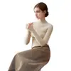 Suéter de cachemira pura premium sin costuras para mujer, cuello medio alto, acanalado, corte ajustado, suéter de punto base adelgazante