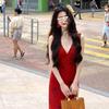 Vestido Floral de Alça com Gola Vermelha Estilo Hong Kong para Mulheres, Novo Modelo Verão 2026, Vestido Longo Charmoso e Super Bonito para Mulheres