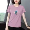 Camiseta Feminina de Manga Curta para Meia-Idade 2026 Nova de Verão Solta Gola Redonda Estampada Ombro Normal Casual Manga Meia-Manga Tamanho Plus
