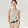 Camiseta sin mangas de punto de cachemira con encaje de ondas y cuello en V para mujer, versátil, tacto de alta gama, corte ajustado, prenda interior, color liso, capa base, simple