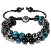 Venta caliente transfronteriza 8mm ojo de tigre azul imán negro pulsera doble capa tejida a mano ágata negra pulsera de doble fila hombres