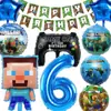 Decoraciones para Fiesta Temática de Minecraft en Stock: Banner de Cumpleaños Infantil de Minero, Topper para Pastel, Set de Globos