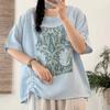 2026 Nuevo Estilo de Verano Versátil Holgado Casual Ropa de Trabajo Camiseta Talla Extra para Mujer Cordón Estampado Algodón y Lino Manga Corta