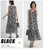 Vestido Largo Negro y Blanco Floral Relajado Estilo Japonés, Verano Delgado Cuello en V Volantes Adelgazante