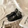 Mocasines de Plataforma de Piel de Vaca Retro para Mujer, Estilo Perezoso Slip-on Estilo Británico Zapatos Pequeños de Piel con Hebilla Dorada Pequeña, Zapatos Planos de Una Sola Pieza