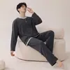 Algodón LyocellPijama para Hombre Primavera y Otoño Manga Larga Pantalón Largo Conjunto Casual Sencillo Se Puede Usar Fuera de Casa Ropa de Hogar Invierno